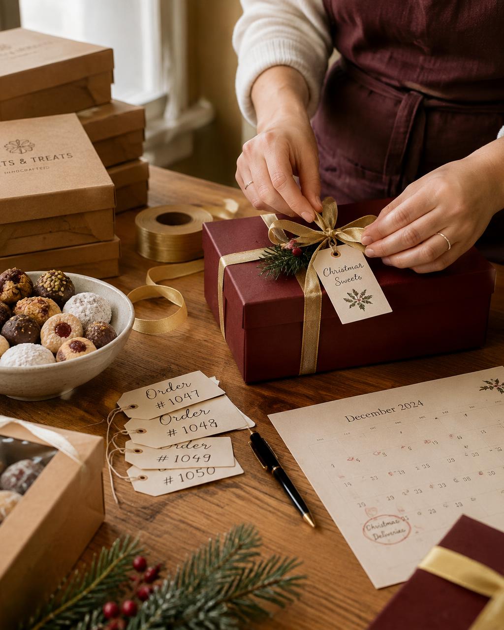 Confeiteira embalando pedidos de Natal com laço dourado